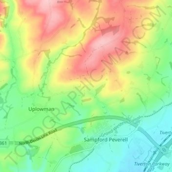 Whitnageの地形図、標高、地勢