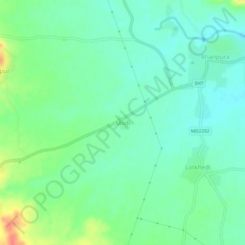 Modiの地形図、標高、地勢