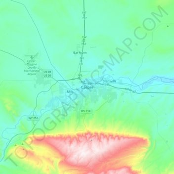 Casperの地形図、標高、地勢