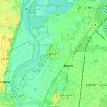 Jössenの地形図、標高、地勢