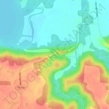 The Hogsbackの地形図、標高、地勢