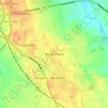 Brown Heathの地形図、標高、地勢