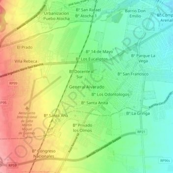 General Alvaradoの地形図、標高、地勢