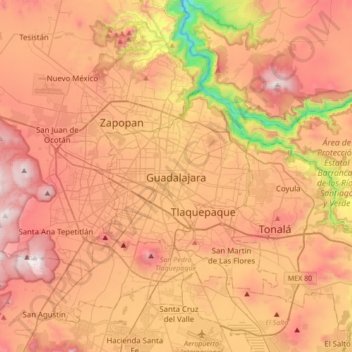 Guadalajaraの地形図、標高、地勢