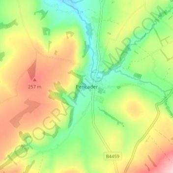 Pencaderの地形図、標高、地勢