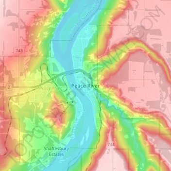 Peace Riverの地形図、標高、地勢