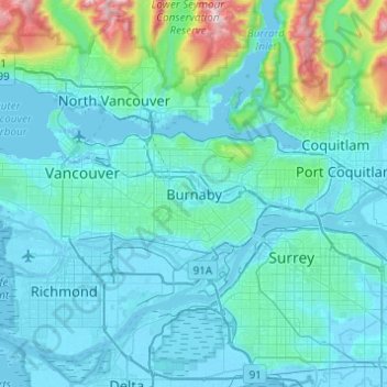Burnabyの地形図、標高、地勢