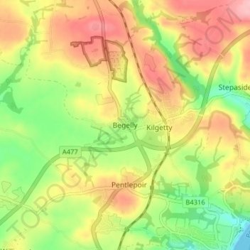 Begellyの地形図、標高、地勢