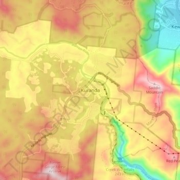 Kurandaの地形図、標高、地勢