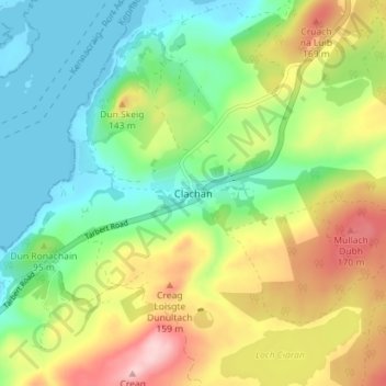 Clachanの地形図、標高、地勢