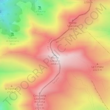 Monte Gorzanoの地形図、標高、地勢