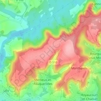 Montarceneの地形図、標高、地勢