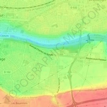 Pizançonの地形図、標高、地勢