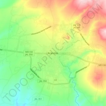 Arandasの地形図、標高、地勢