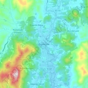 Pomerodeの地形図、標高、地勢