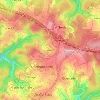 Gierendの地形図、標高、地勢