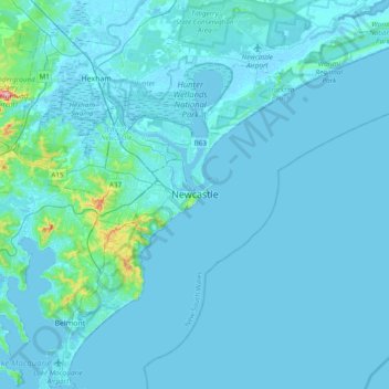 Newcastleの地形図、標高、地勢