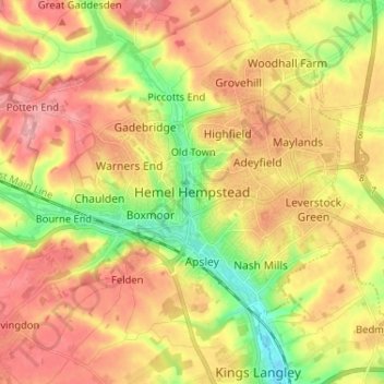 Hemel Hempsteadの地形図、標高、地勢