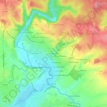 Les Ouchettesの地形図、標高、地勢