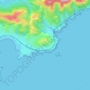 Anthéorの地形図、標高、地勢