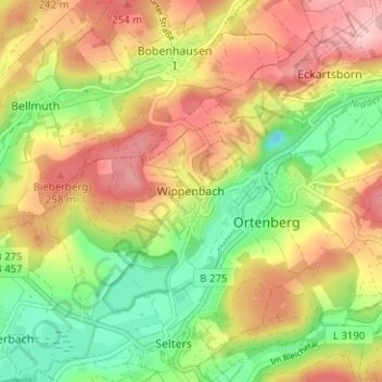 Wippenbachの地形図、標高、地勢