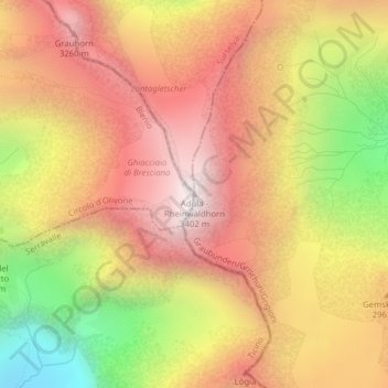 Adula - Rheinwaldhornの地形図、標高、地勢