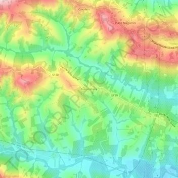 Treciminiereの地形図、標高、地勢