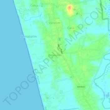 Benaulimの地形図、標高、地勢