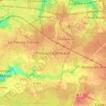 Pontault-Combaultの地形図、標高、地勢