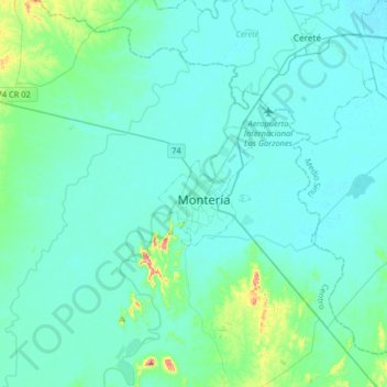 Monteríaの地形図、標高、地勢