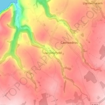 Llwyndafyddの地形図、標高、地勢