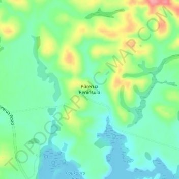 Purerua Peninsulaの地形図、標高、地勢