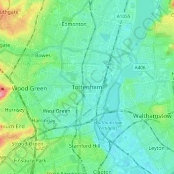 Tottenhamの地形図、標高、地勢