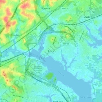 Essexの地形図、標高、地勢