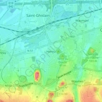 Hornuの地形図、標高、地勢