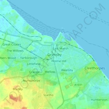 グリムズビー (イングランド)の地形図、標高、地勢