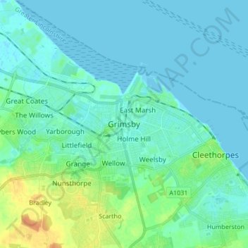 グリムズビーの地形図、標高、地勢