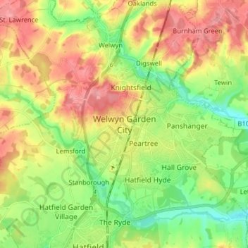 Welwyn Garden Cityの地形図、標高、地勢