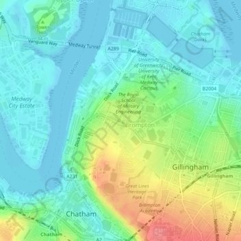Brompton Barracksの地形図、標高、地勢
