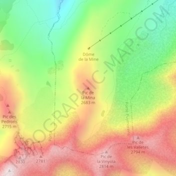 Pic de la Minaの地形図、標高、地勢