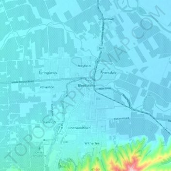 Blenheimの地形図、標高、地勢