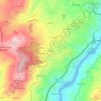Outeiroの地形図、標高、地勢