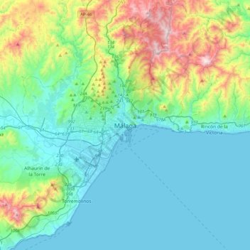 Málagaの地形図、標高、地勢