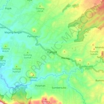 Dampitの地形図、標高、地勢