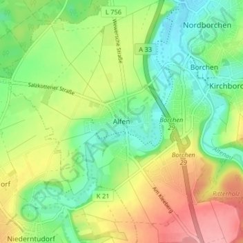 Alfenの地形図、標高、地勢