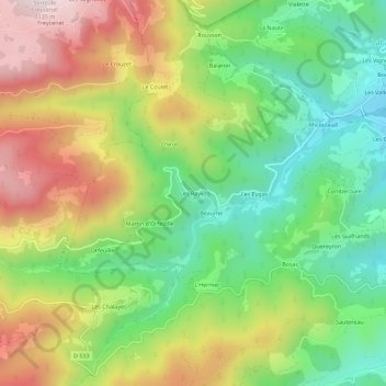 Les Rayesの地形図、標高、地勢