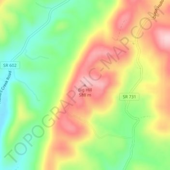 Big Hillの地形図、標高、地勢