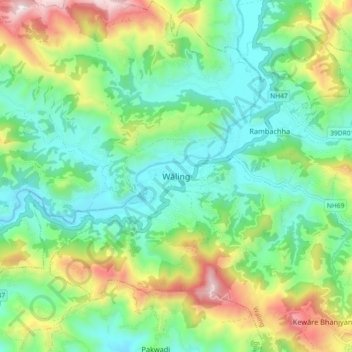 Wālingの地形図、標高、地勢