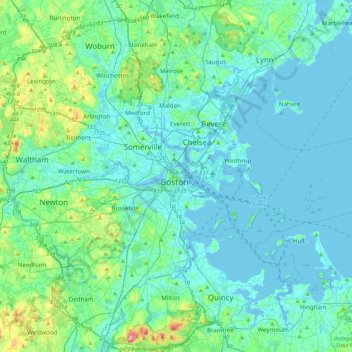 Bostonの地形図、標高、地勢