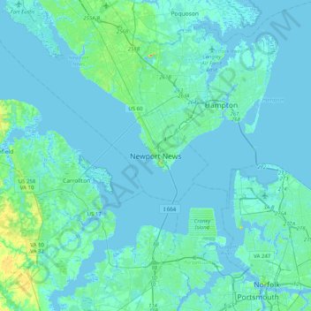 Newport Newsの地形図、標高、地勢